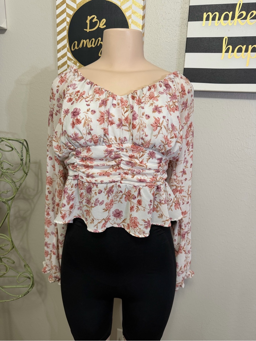 White Floral Ruched Peplum Blouse with Pink Bouquet